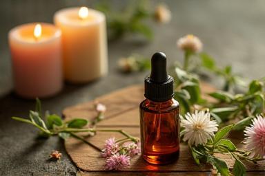 Bottle of aromatherapy oils in a calming environment